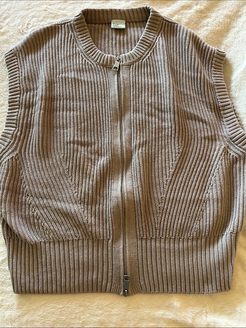 Sleeveless Zip-Front Ribbed Knit Vest in Taupe